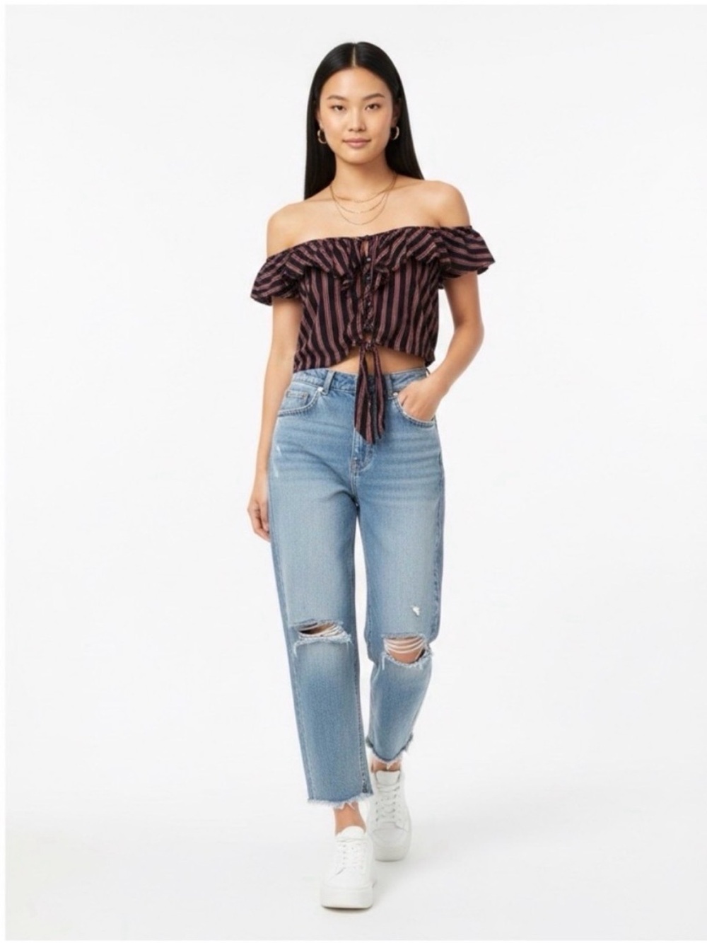Ambiance Black and Red Off-Shoulder Crop Top-L